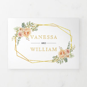 Gouden geometrische waterverf bloemenbruiloft drieluik uitnodiging