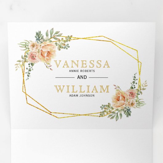 Gouden geometrische waterverf bloemenbruiloft drieluik uitnodiging (Binnenzijde eerst)
