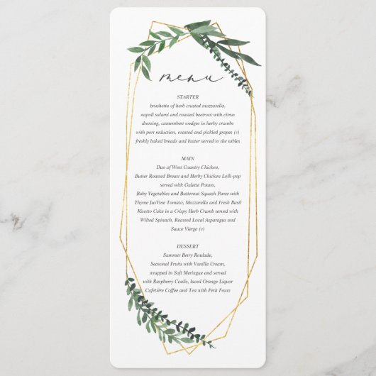 Gouden geometrische waterverf groen menu (Voorkant)