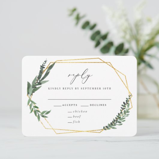 gouden geometrische waterverf groen wedding RSVP kaartje (Staand voorkant)