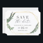 gouden geometrische waterverf save the date<br><div class="desc">gewaagd modern design met een gouden geometrische lijst met een mooie bladbladerbladige waterverf. Dit elegante bijtende collectie is een geweldige aanvulling op een herfst of lenteverbruiloft en biedt alle producten die u nodig hebt voor uw speciale dag - met uitzondering van de datums,  uitnodigingen,  tabelplanners en nog veel meer.</div>