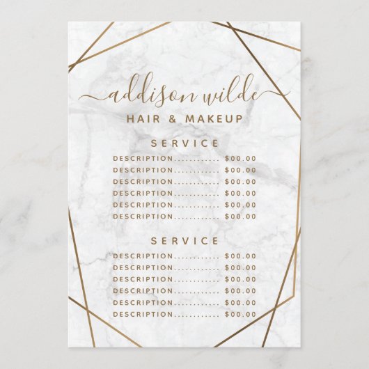Gouden Geometrische Witte Marmeren Abstracte Prijs Menu (Voorkant)