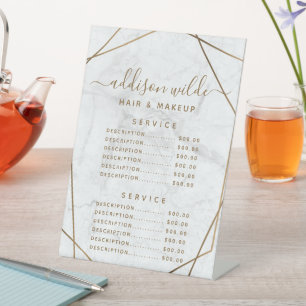 Gouden Geometrische Witte Marmeren Prijslijst Menu Reclamebord Met Voetstuk