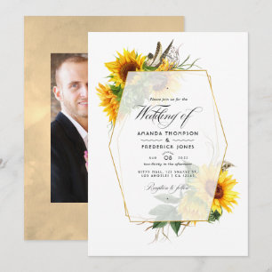 Gouden Geometrische Zonnebloemen Trouwfoto Kaart