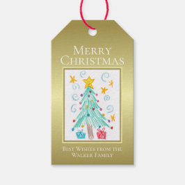 Gouden gepersonaliseerde kinderfoto vrolijk kerstf cadeaulabel
