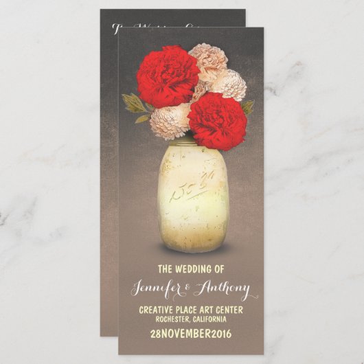 Gouden geschilderde Mason Jar Red Flowers Programm Programmakaart (Voorkant / Achterkant)