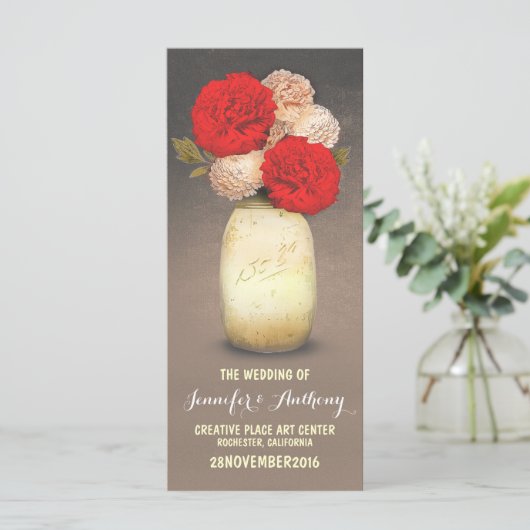 Gouden geschilderde Mason Jar Red Flowers Programm Programmakaart (Staand voorkant)