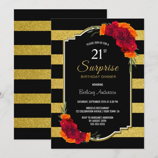 Gouden gestreepte verrassing 21e verjaardag diner kaart (Voorkant / Achterkant)