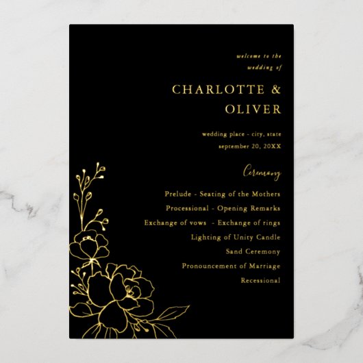 Gouden gevoerde bloemen bruiloft ceremonie program folie uitnodiging (Voorkant)