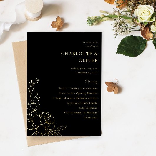 Gouden gevoerde bloemen bruiloft ceremonie program folie uitnodiging