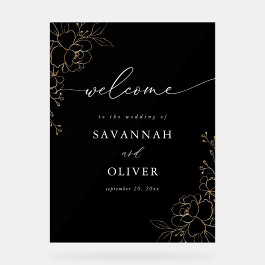 Gouden gevoerde bloemenbruiloft welkom - Zwart Acryl Bord (Voorkant)