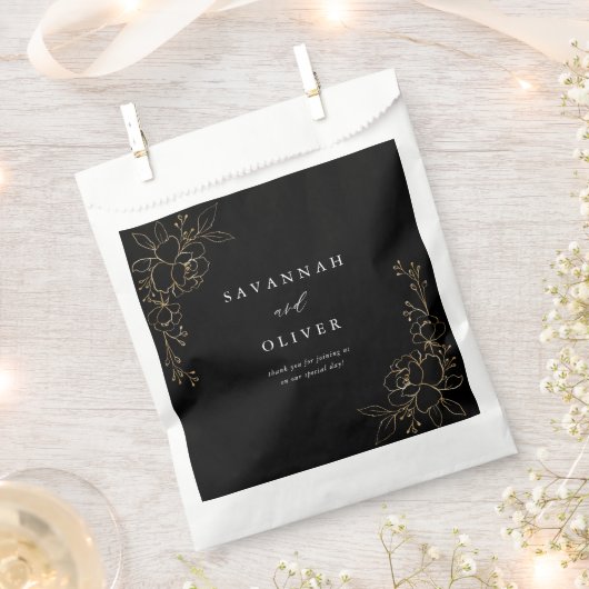 Gouden gevoerde bloemenbruiloft - Zwart Bedankzakje (Geknipt)