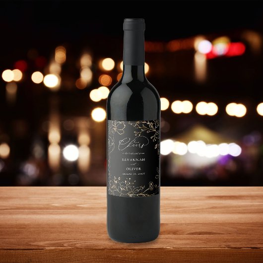 Gouden gevoerde bloemenbruiloft - Zwart Wijn Etiket