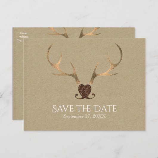 Gouden gewei & bruin papier opslaan van de datum aankondigingskaart (Voorkant / Achterkant)