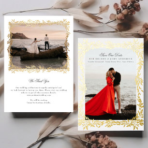 Gouden Geweven Blad Frame Foto Huwelijk Save The D Folie Uitnodiging
