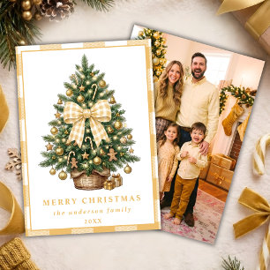 Gouden Gingham Strik Kerstboom Familie Foto Kaart