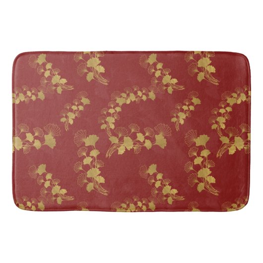 Gouden Gingko Balboa Bladeren op Donkerrode Achter Badmat (Voorkant)