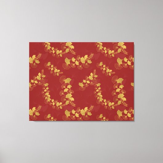 Gouden Gingko Balboa Bladeren op Donkerrode Achter Canvas Afdruk (Voorkant)