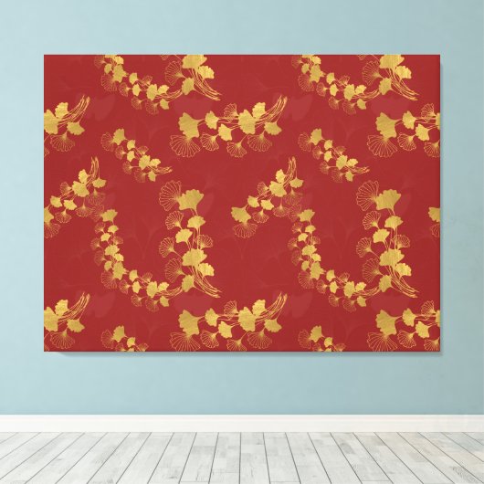 Gouden Gingko Balboa Bladeren op Donkerrode Achter Canvas Afdruk (Insitu (Houten vloer))
