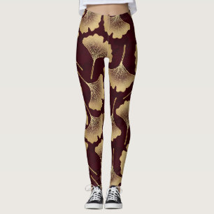 Gouden Ginkgo Bladeren Bordeaux Botanisch Patroon Leggings