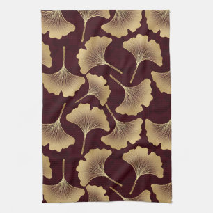 Gouden Ginkgo Bladeren Bordeaux Botanisch Patroon Theedoek