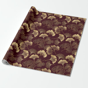 Gouden Ginkgo-bladeren op Rode Elegante Botanische Cadeaupapier