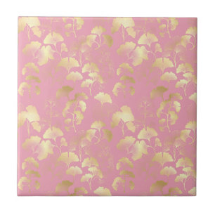 Gouden Ginkgo-bladeren op Roze Botanisch Patroon Tegeltje