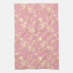 Gouden Ginkgo-bladeren op Roze Botanisch Patroon Theedoek