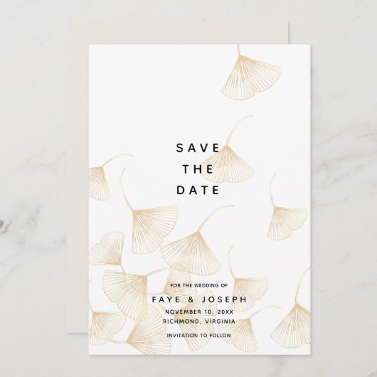 Gouden Ginkgo Bladeren Wit Save the Date Kaart (Voorkant / Achterkant)