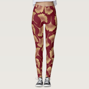 Gouden Ginkgo-bladpatroon in Bourgondiërrood voor Leggings