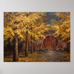 Gouden Ginkgo Bomen en Rode Maan Poort Poster