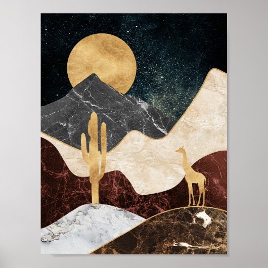 Gouden Giraffe Woestijnlandschap & Marmeren Berg Poster (Voorkant)