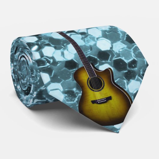 Gouden Gitaar Aqua Faux Glitter Stropdas (Opgerold)