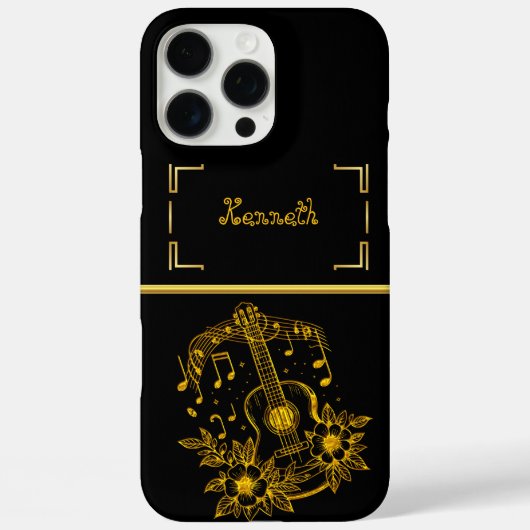 Gouden gitaarwerk met muzieknoten en bloemen Case-Mate iPhone case (Achterkant)