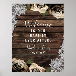 Gouden Glam Bloemrozen Rustieke Houten Kant Trouw Poster