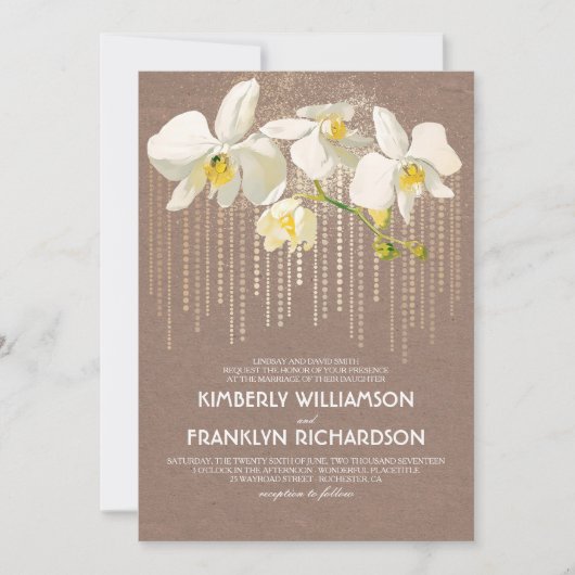 Gouden Glam en Witte Orchideeën  Bloemen Huwelijk Kaart (Voorkant)