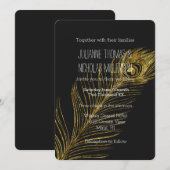 Gouden Glam en Zwarte Peacock Veer Bruiloft Kaart (Voorkant / Achterkant)