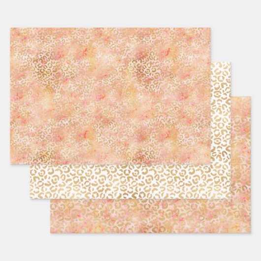 Gouden Glam Girly Peach Pink Blush Luipaard Print Inpakpapier Vel (Set)