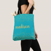 Gouden Glam Glitter Confetti | Persoonlijke Teal Tote Bag (Dichtbij)
