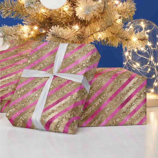 Gouden Glam Glitter Girly Roze Strepen Cadeaupapier (Feestdagen)