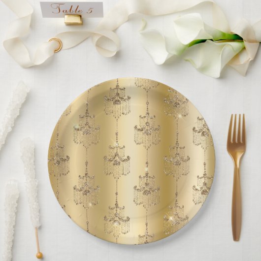 Gouden glam glitter kroonluchters papieren bordje (Huwelijk)