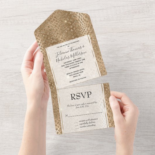 Gouden Glam Glitter Snake Skin All In One Uitnodiging (Afscheurbaar)