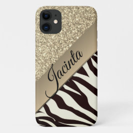 Gouden Glam Glitter Zebra Print Gepersonaliseerd Case-Mate iPhone Case