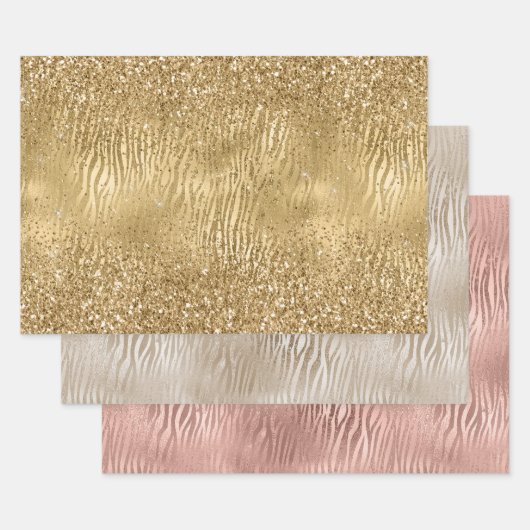 Gouden Glam Glitz Zebra Print Faux Glitter Inpakpapier Vel (Set)