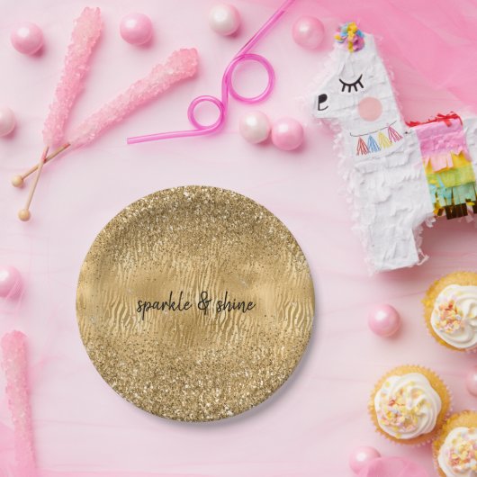 Gouden Glam Glitz Zebra Print Faux Glitter Papieren Bordje (Feest)