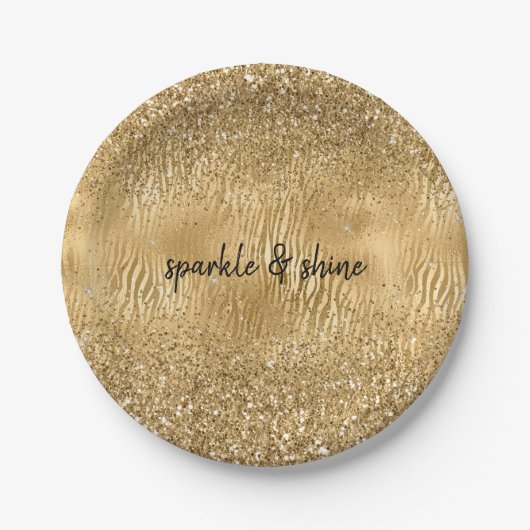 Gouden Glam Glitz Zebra Print Faux Glitter Papieren Bordje (Voorkant)
