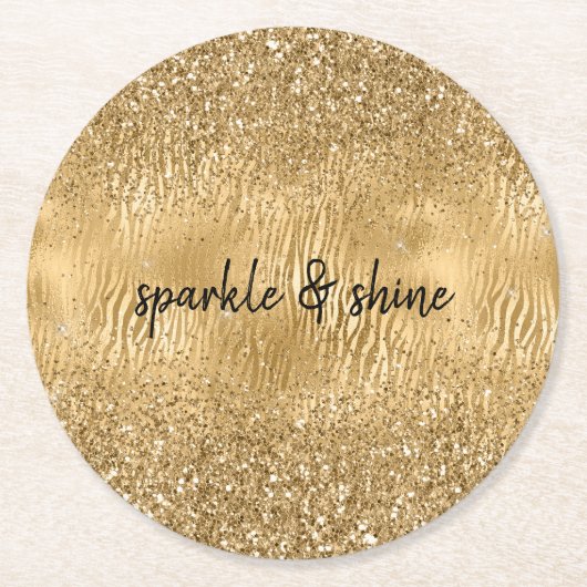 Gouden Glam Glitz Zebra Print Faux Glitter Ronde Kartonnen Onderzetter (Voorkant)