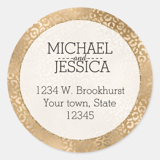 Gouden Glam Leopard Print Gepersonaliseerd adres Ronde Sticker (Voorkant)