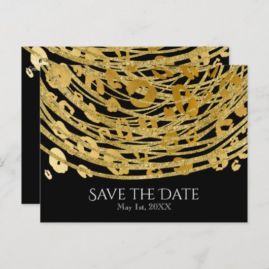 Gouden Glam Luipaardprint Exotisch Bewaar de Datum Aankondigingskaart (Voorkant / Achterkant)