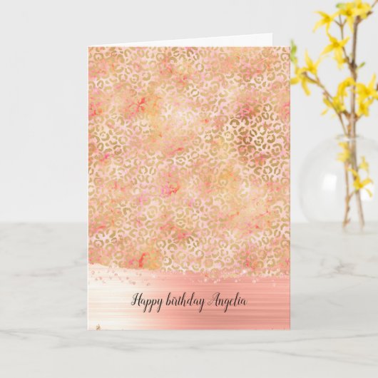 Gouden Glam Meisjesachtig Perzik Roze Blush Luipaa Kaart (Gele Bloem)